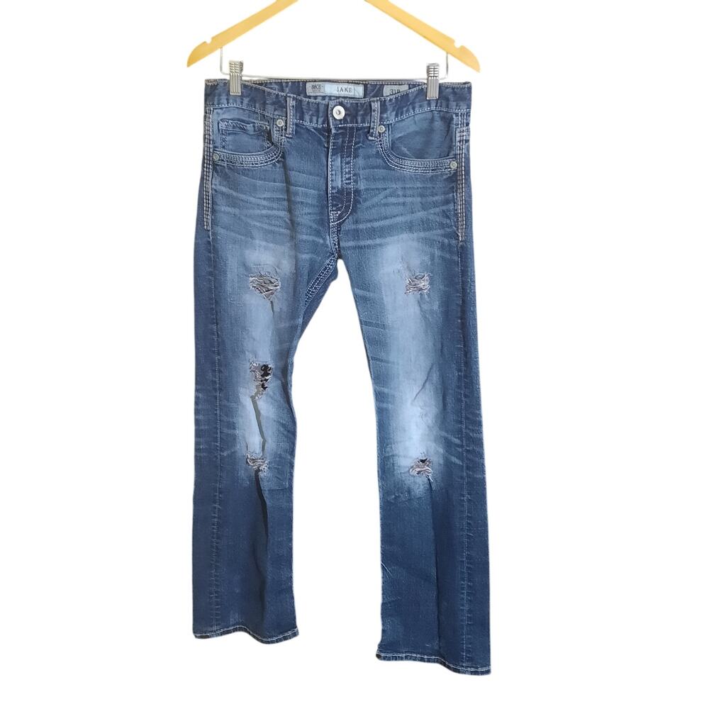 BKE Mens Jake Reg Fit Mid Rise Heavy Distressing Shredded Detail Jeans Size 31R